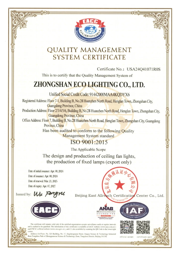 English page of ECO Fans ISO 9001:2015 quality management system certificate